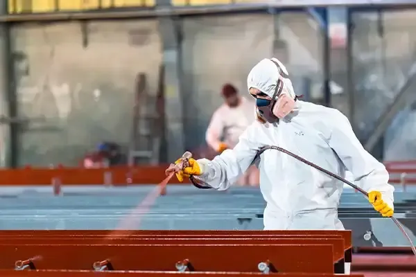 Arbeiter lackiert Stahlrahmen mit blauer Farbe
