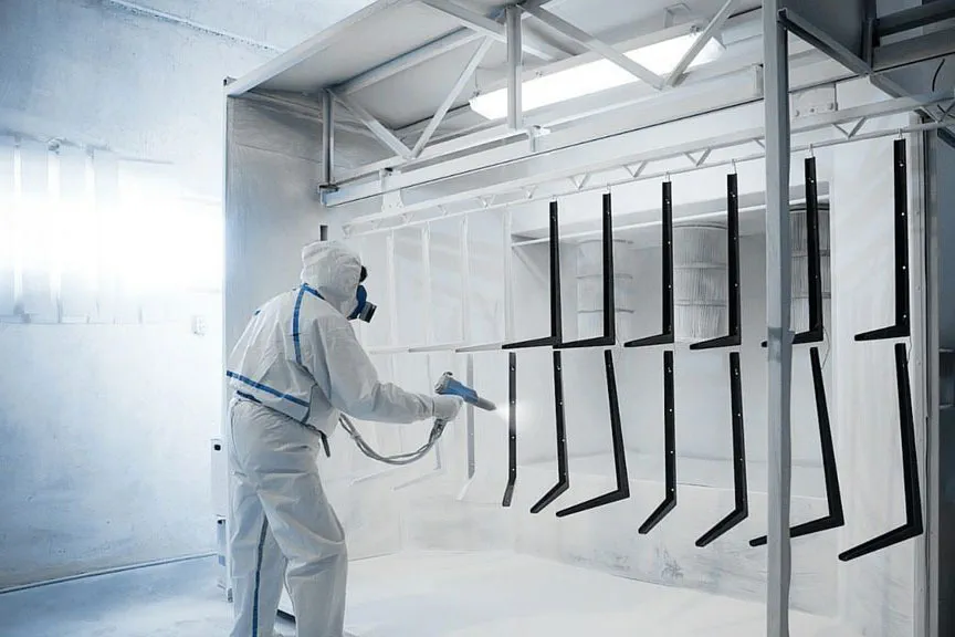 Pulverbeschichtungskabine – schwarzer Pulverlackauftrag auf Metallrahmen